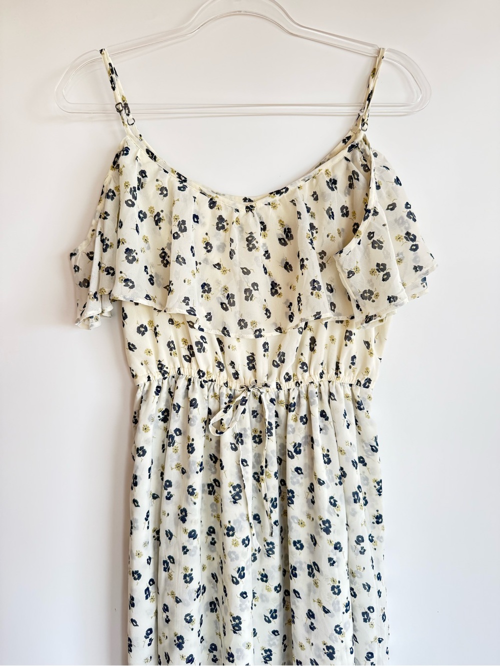 Abercrombie Floral Chiffon Maxi Dress Ruffle Cottagecore Coquette Cream Navy L - Picture 2 of 13